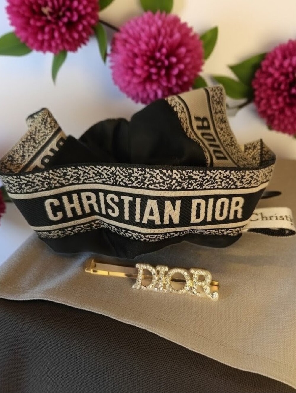 Dior Black and White Logo Silk Scrunchie with Crystal DIOR Pin